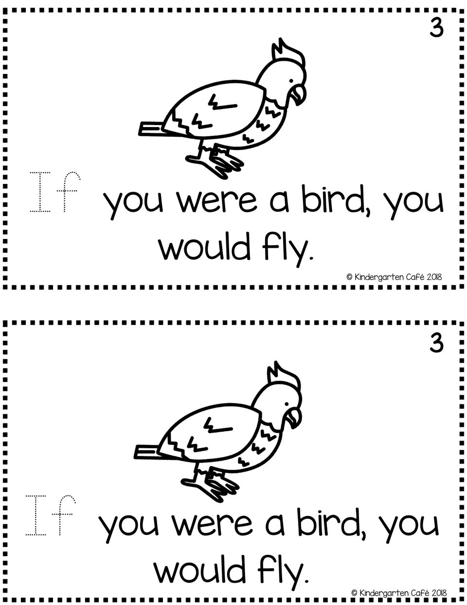 Reader page 3, printed twice: a bird and “If you were a bird, you would fly,” with “If” for tracing