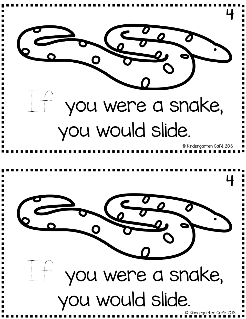Reader page 4, printed twice: a snake and “If you were a snake, you would slide,” with “If” for tracing
