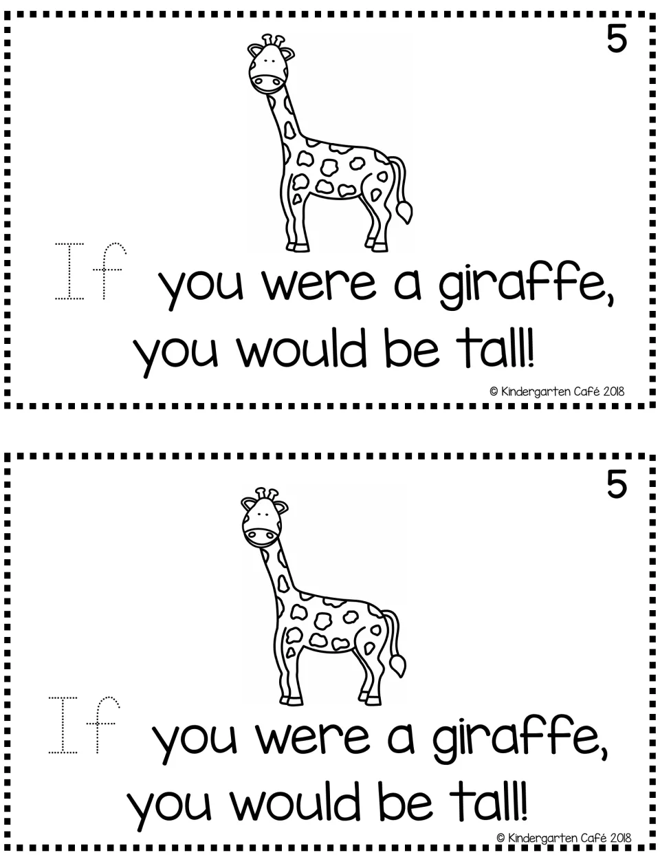 Reader page 5, printed twice: a giraffe and “If you were a giraffe, you would be tall!” with traceable “If”