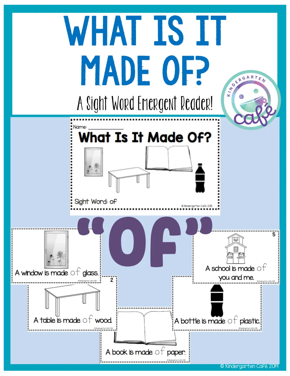 Product cover for the sight word “of” reader, showing sample booklet pages about objects and their materials