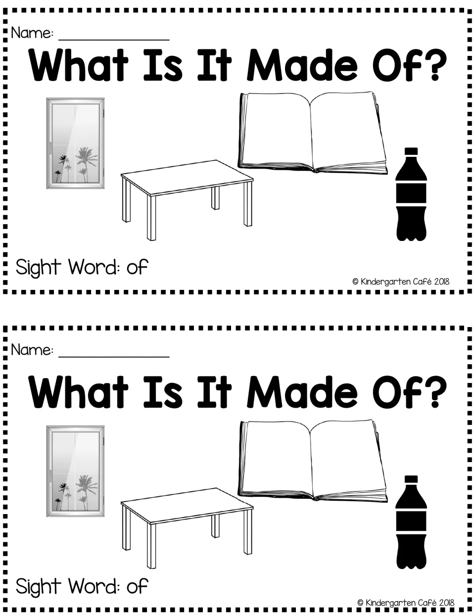 Booklet cover titled “What Is It Made Of?” with “Sight Word: of” and object pictures, printed twice