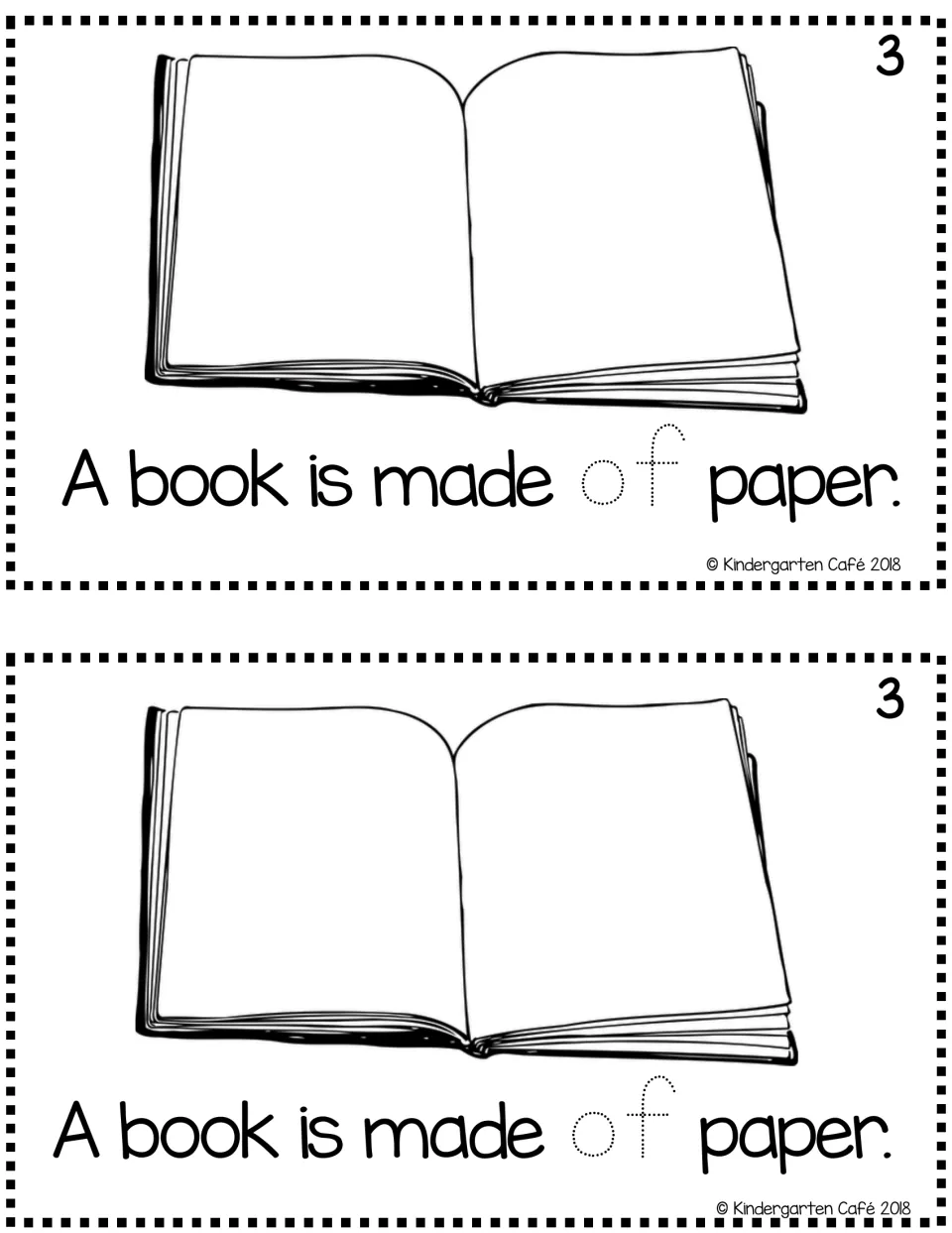 Reader page 3, printed twice: “A book is made of paper.” with a book picture and dotted “of” to trace