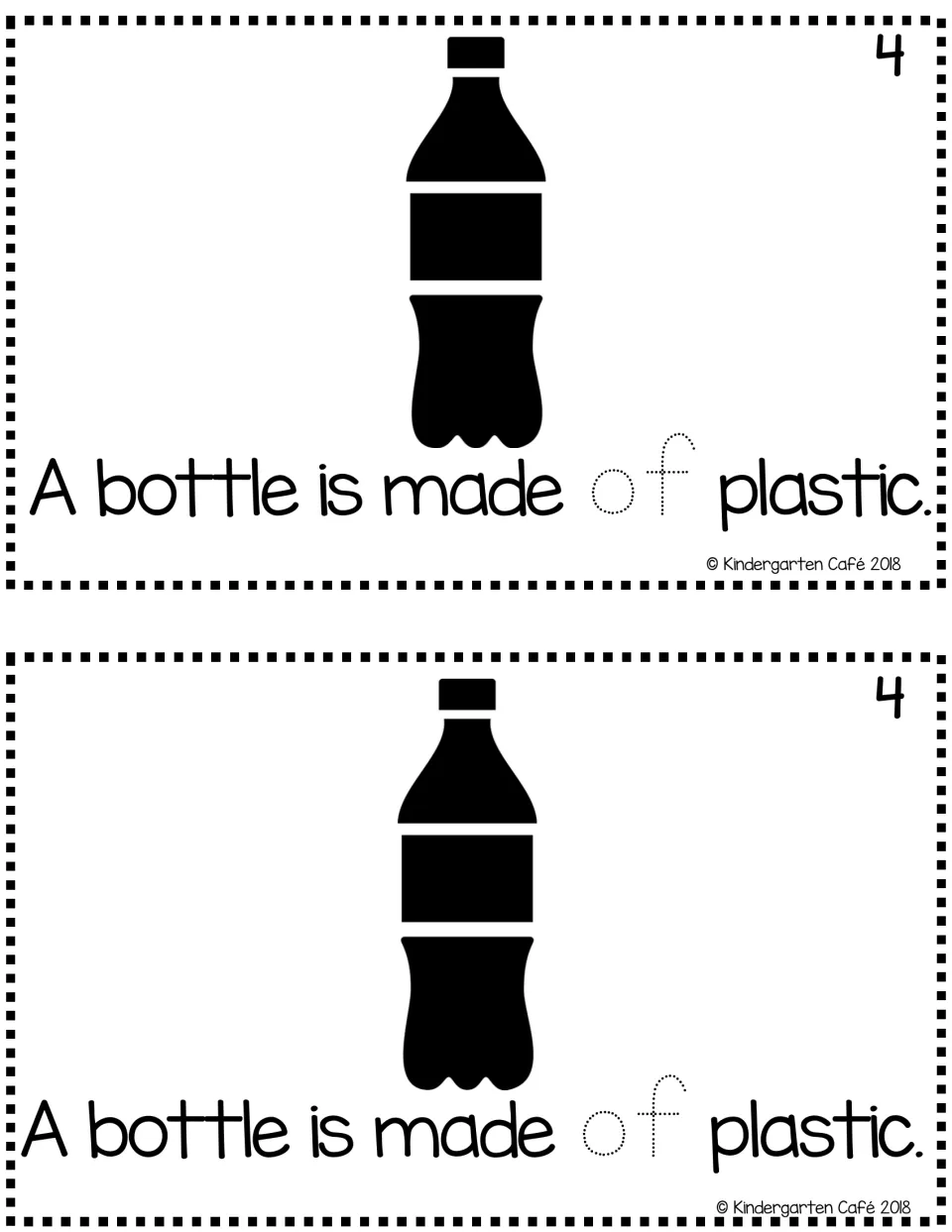 Reader page 4, printed twice: “A bottle is made of plastic.” with a bottle picture and dotted “of” to trace