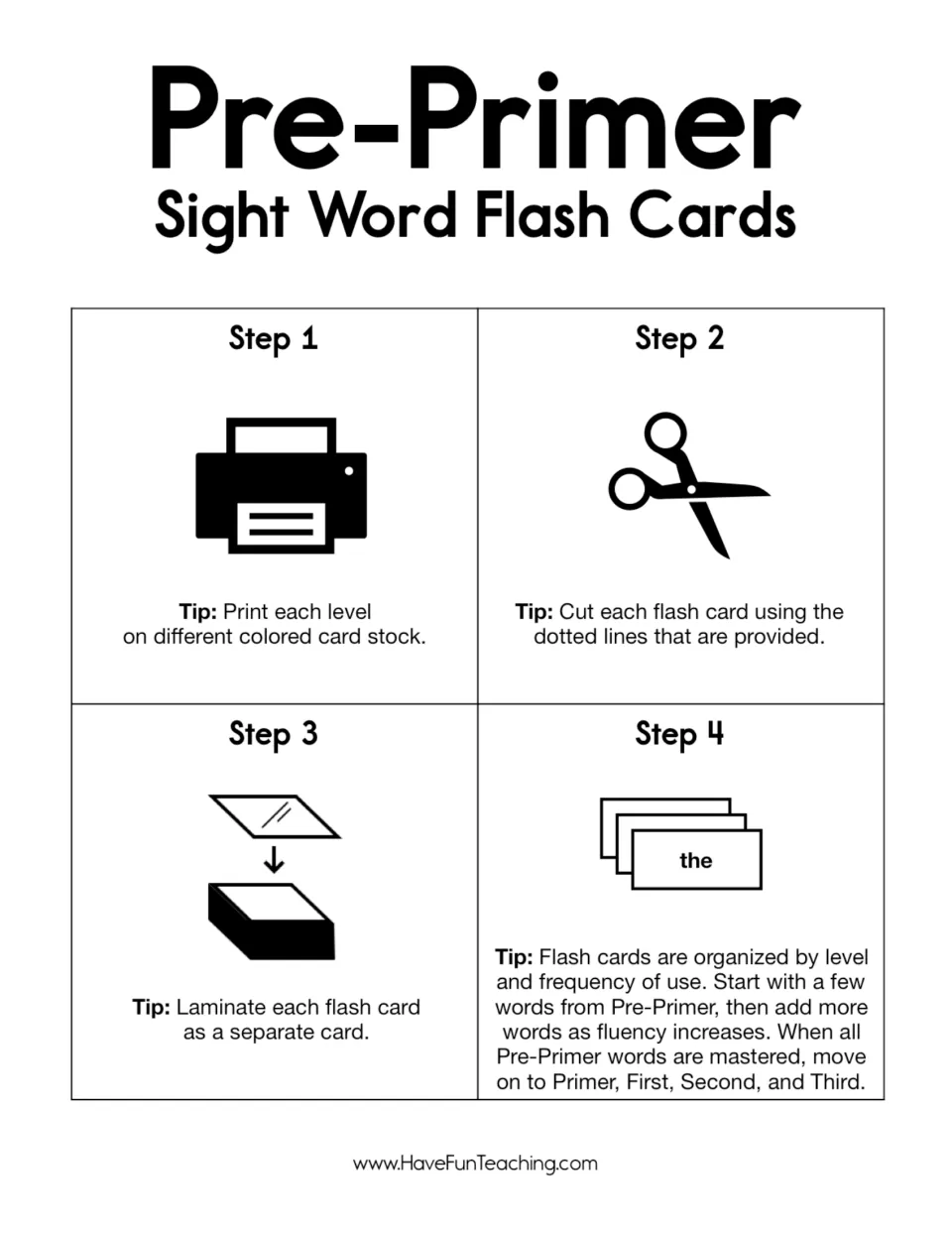 Pre-primer flashcard preparation guide: print on colored card stock, cut, laminate, and introduce words