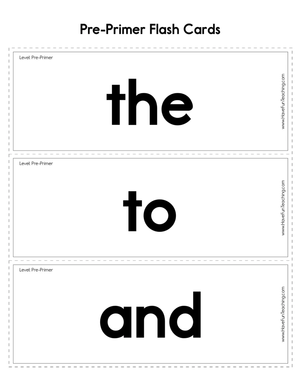 Pre-primer sight word flashcards 1–3: the, to, and and, each printed as a separate card for reading practice