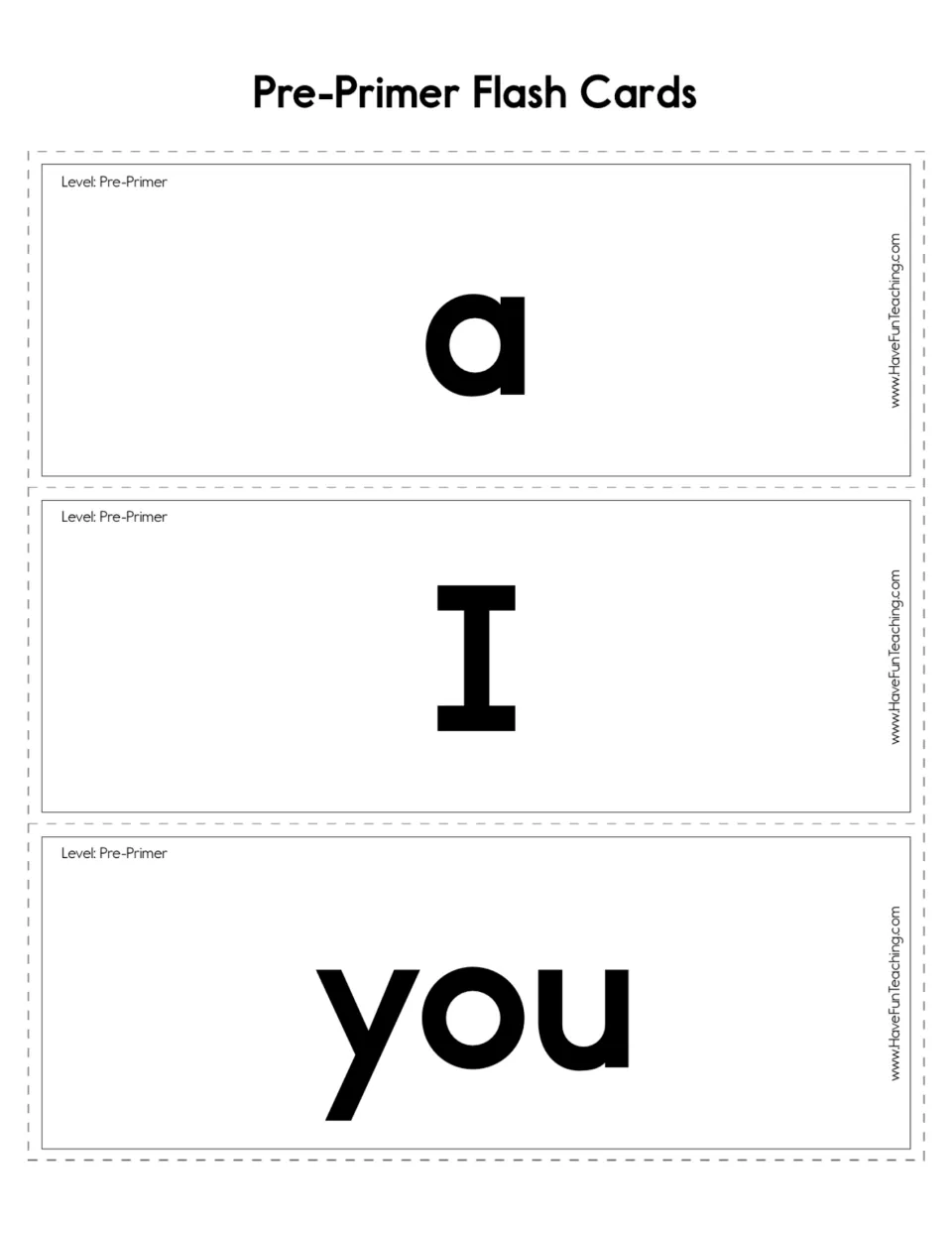 Pre-primer sight word flashcards 4–6: a, I, and you, each printed as a separate card for reading practice