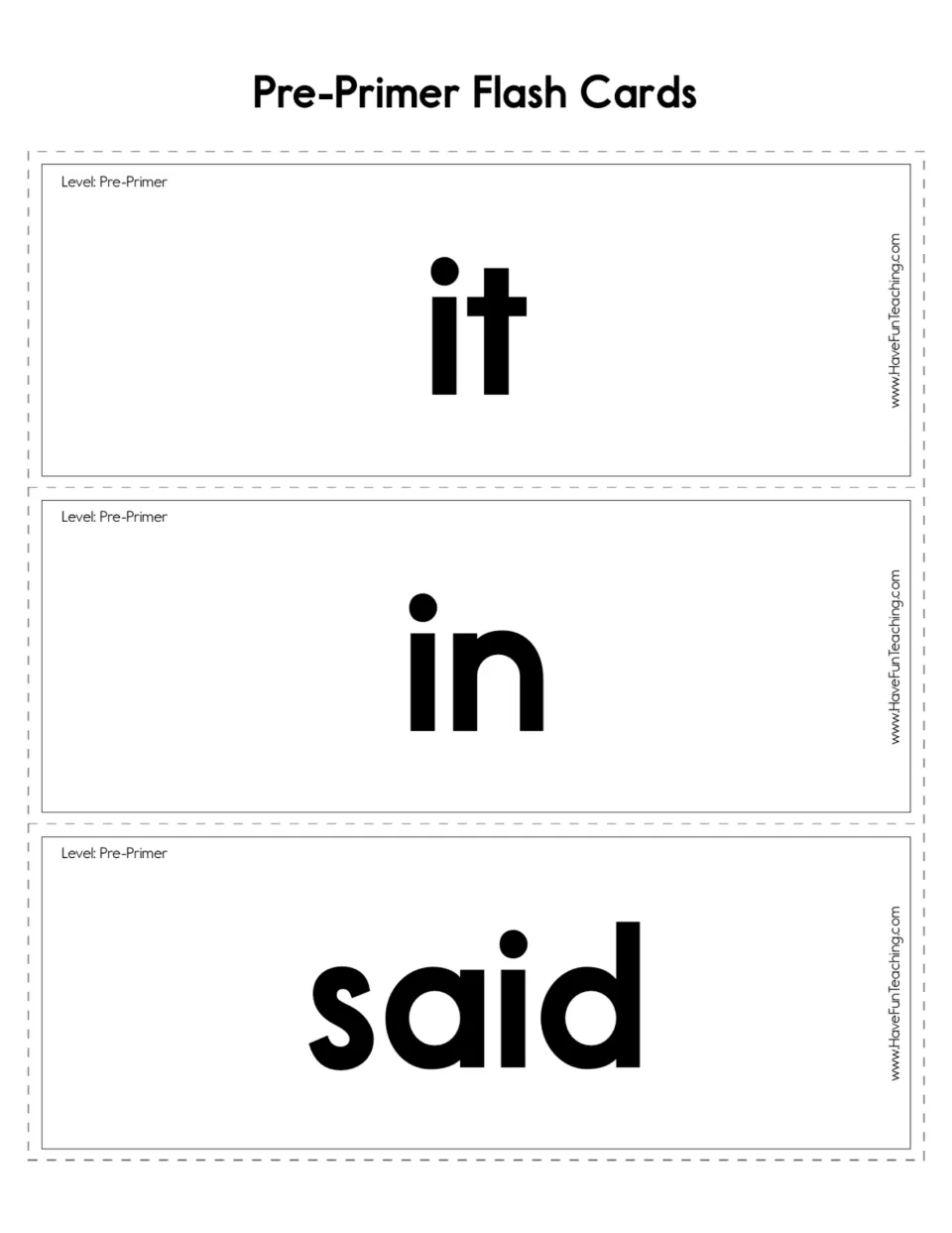 Pre-primer sight word flashcards 7–9: it, in, and said, each printed as a separate card for reading practice