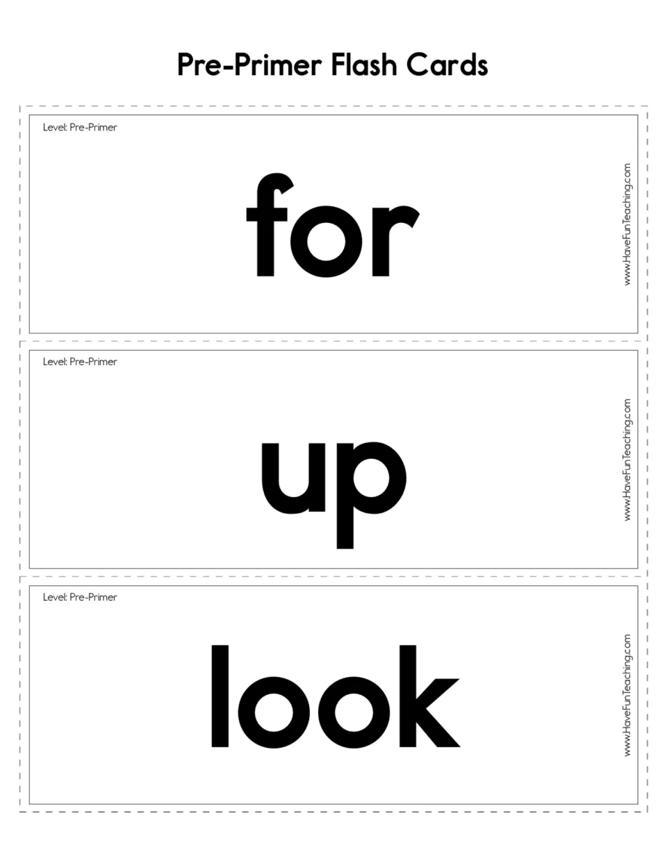 Pre-primer sight word flashcards 10–12: for, up, and look, printed as separate cards for reading practice
