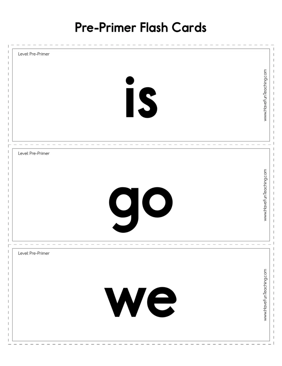 Pre-primer sight word flashcards 13–15: is, go, and we, each printed as a separate card for reading practice