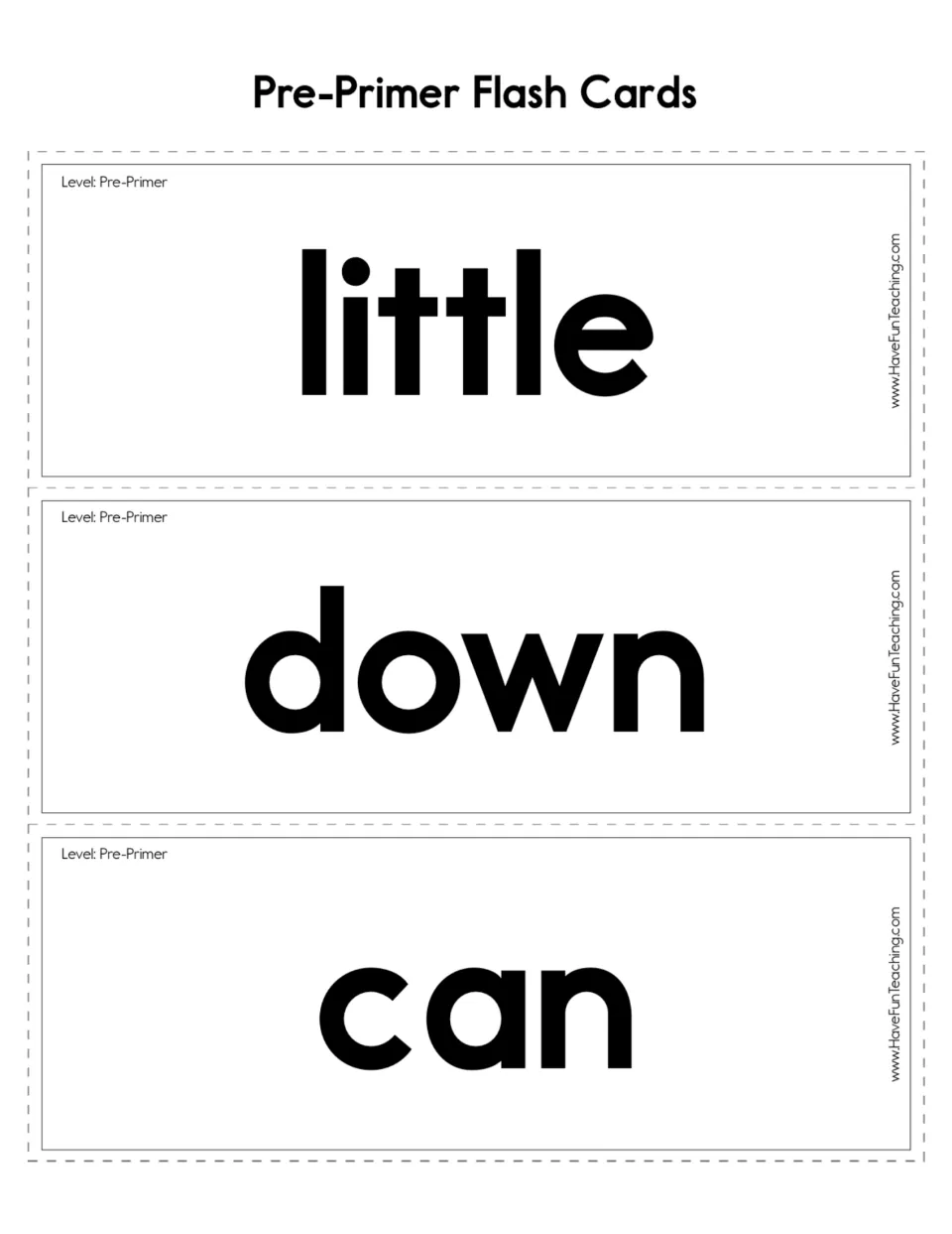Pre-primer sight word flashcards 16–18: little, down, and can, printed as separate cards for reading practice