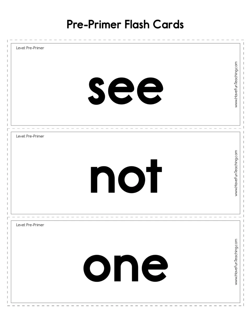 Pre-primer sight word flashcards 19–21: see, not, and one, printed as separate cards for reading practice