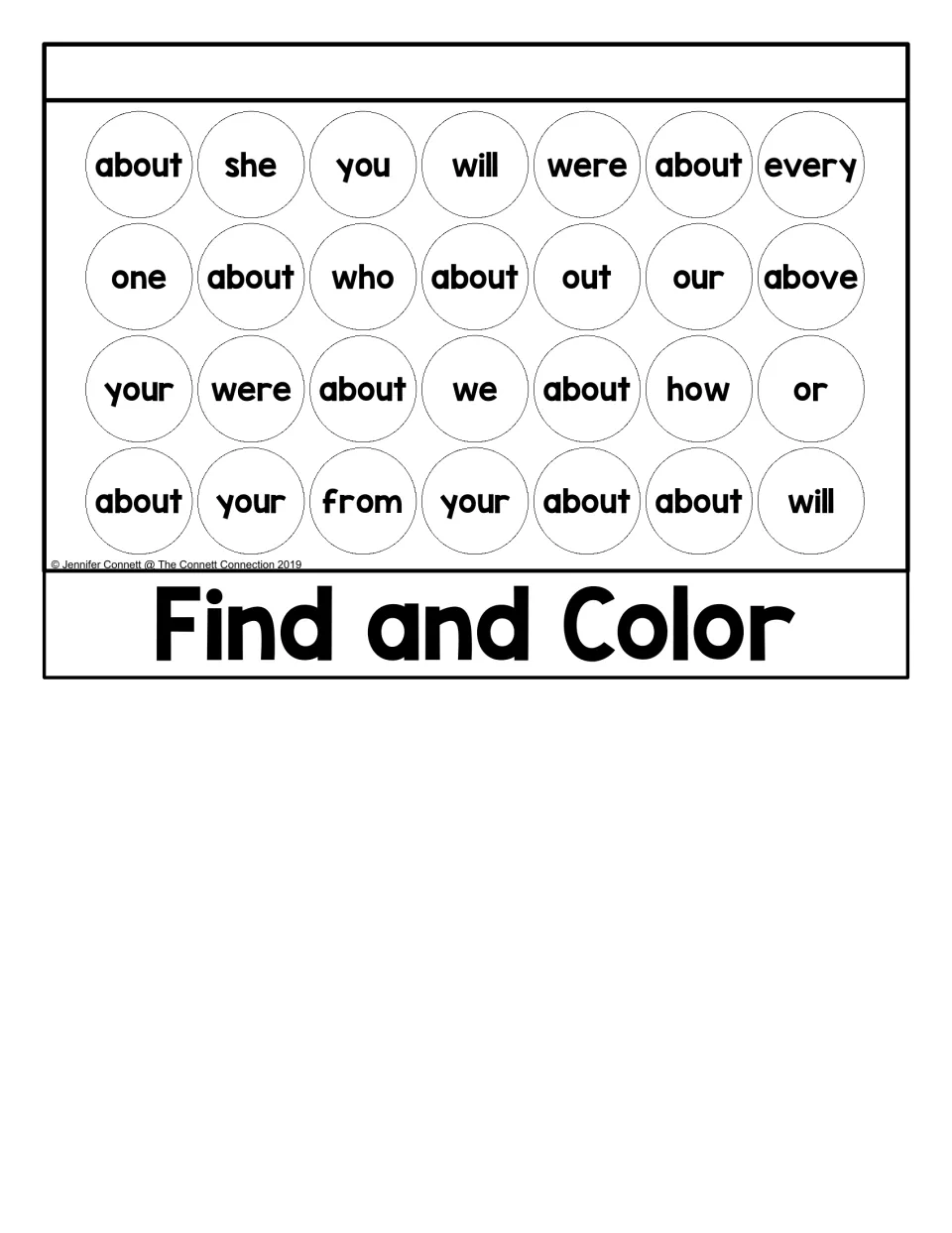 Find and Color activity in the about flip book asks students to find the target word among other sight words