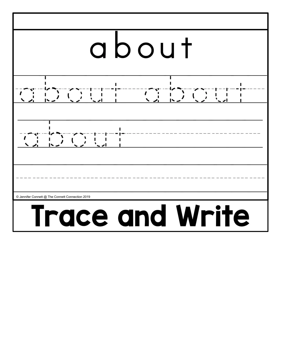 Trace and Write activity in the about flip book includes a word model, three tracing words, and writing practice