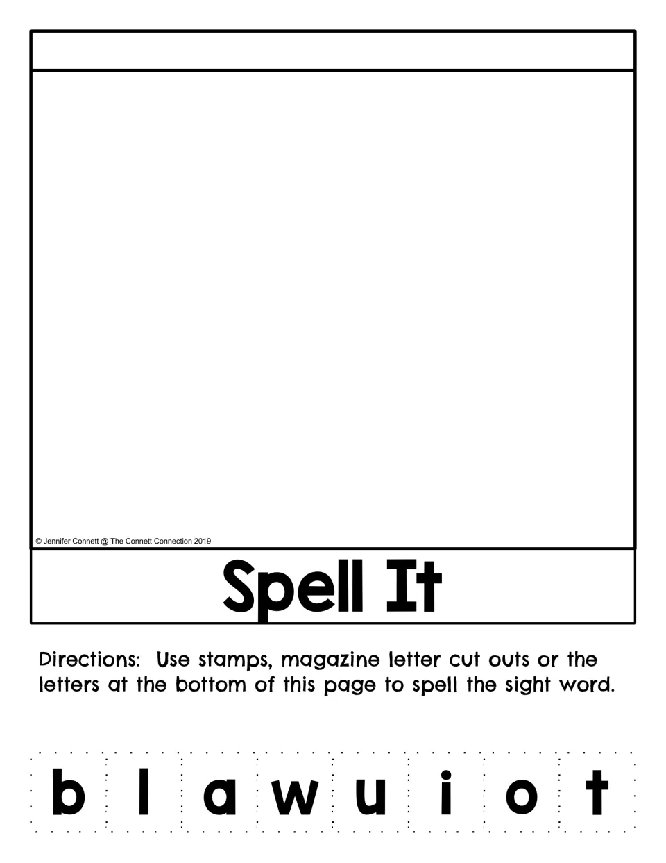 Spell It activity in the about flip book provides letters b, l, a, w, u, i, o, and t to cut out and spell about