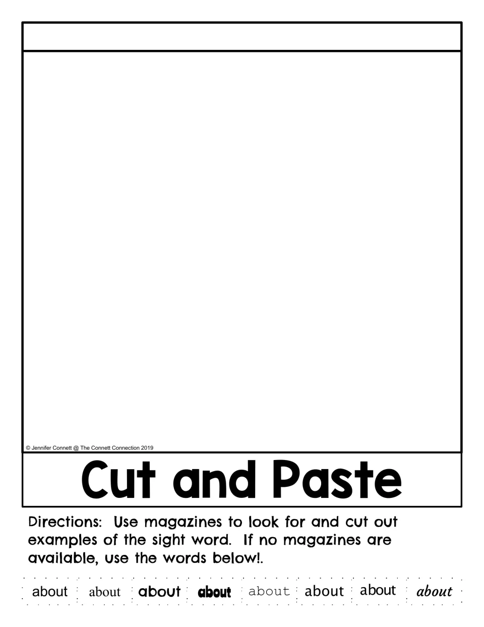 Cut and Paste activity in the about flip book provides eight copies of about in different fonts to cut out