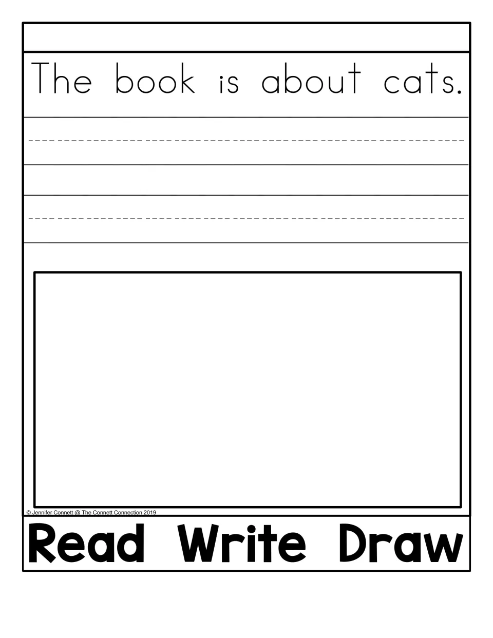 Read Write Draw activity in the about flip book uses “The book is about cats.” for copying and illustrating