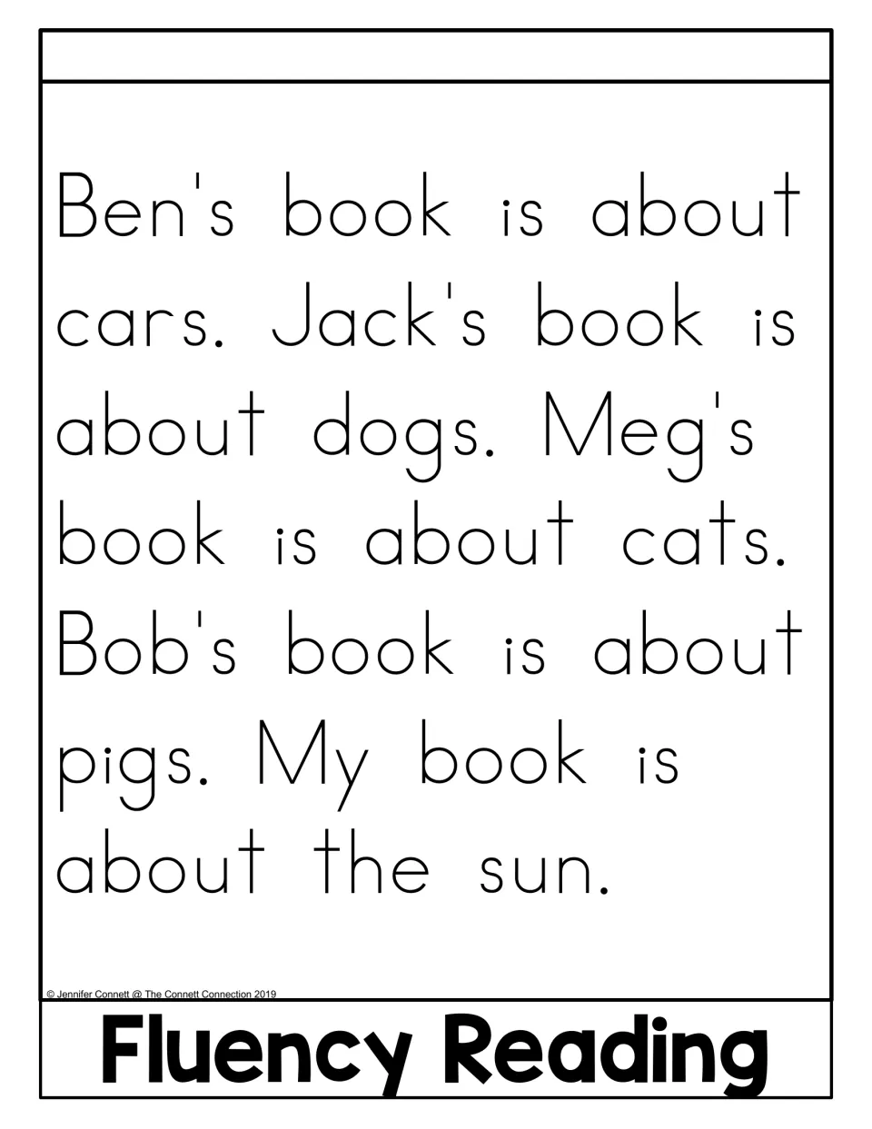 Fluency Reading passage in the about flip book repeats about in five sentences on books about cars, dogs, and more