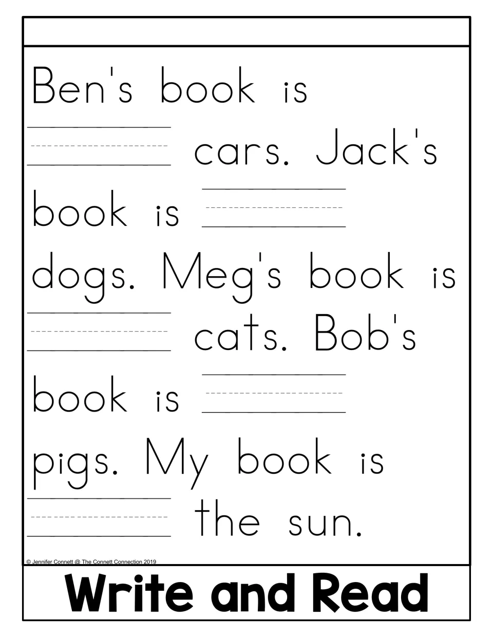 Write and Read activity in the about flip book leaves five blanks for about in sentences on books and their topics