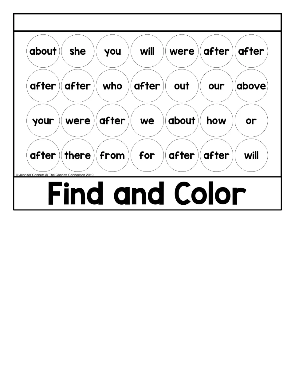 Find and Color activity in the after flip book: identify nine instances of “after” among 28 sight words