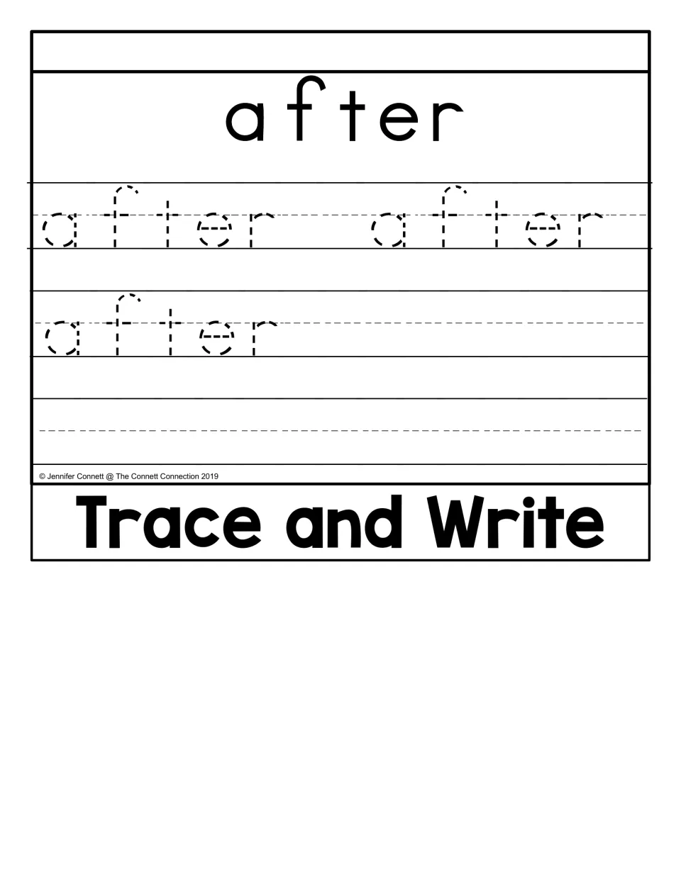 Trace and Write activity in the after flip book, featuring three tracing examples and independent writing
