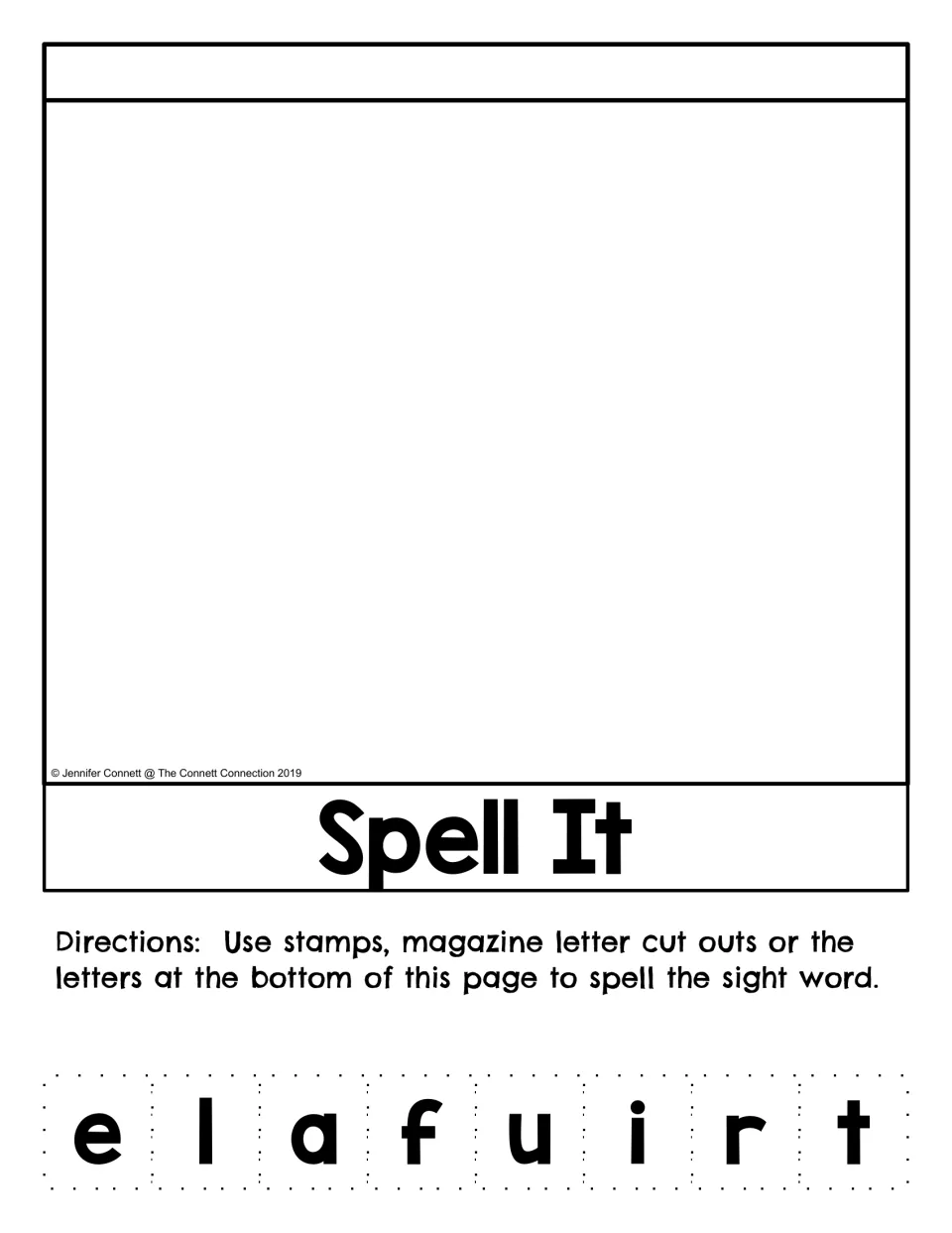 Spell It activity in the after flip book, using stamps, magazine letters, or the provided cut-out letters