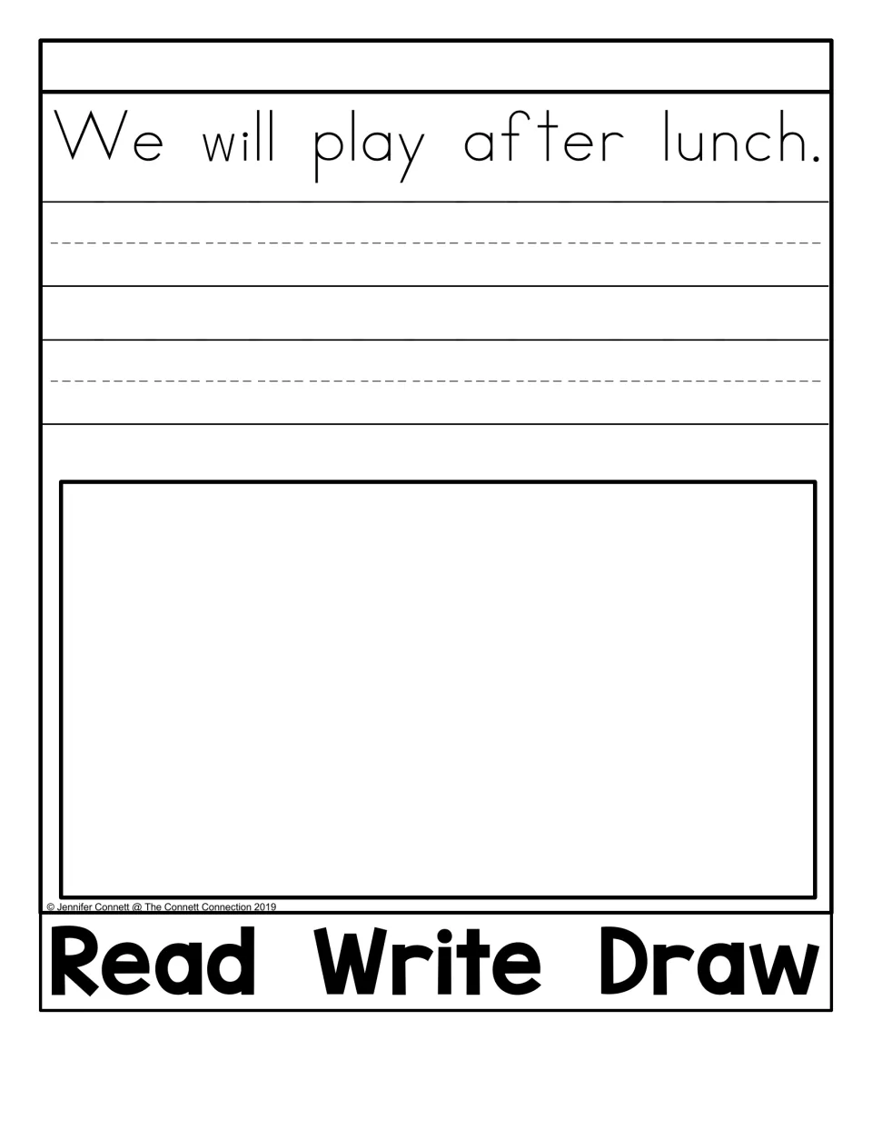 Read Write Draw activity in the after flip book: read, copy, and illustrate “We will play after lunch.”