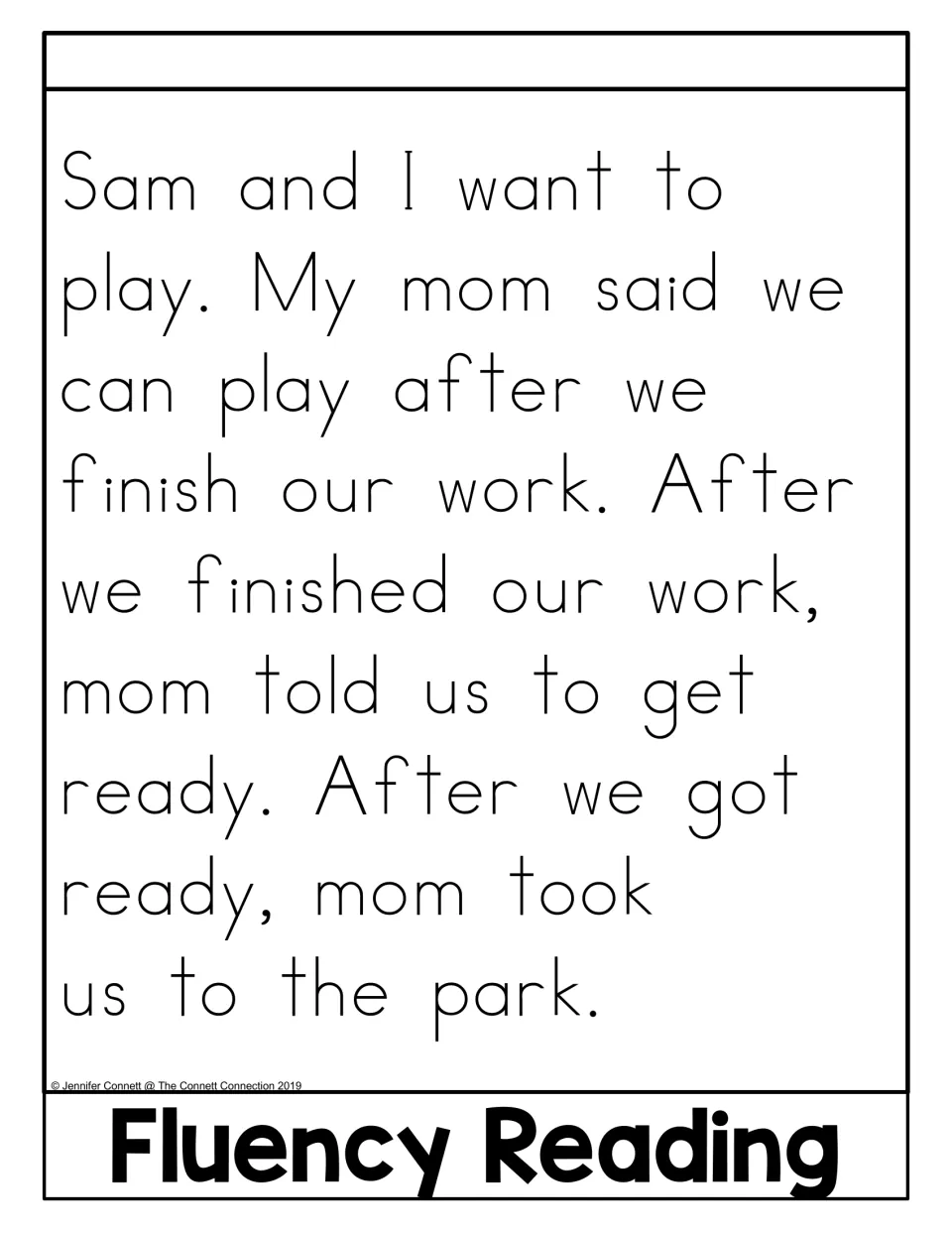 Fluency Reading passage in the after flip book about finishing work, getting ready, and going to the park