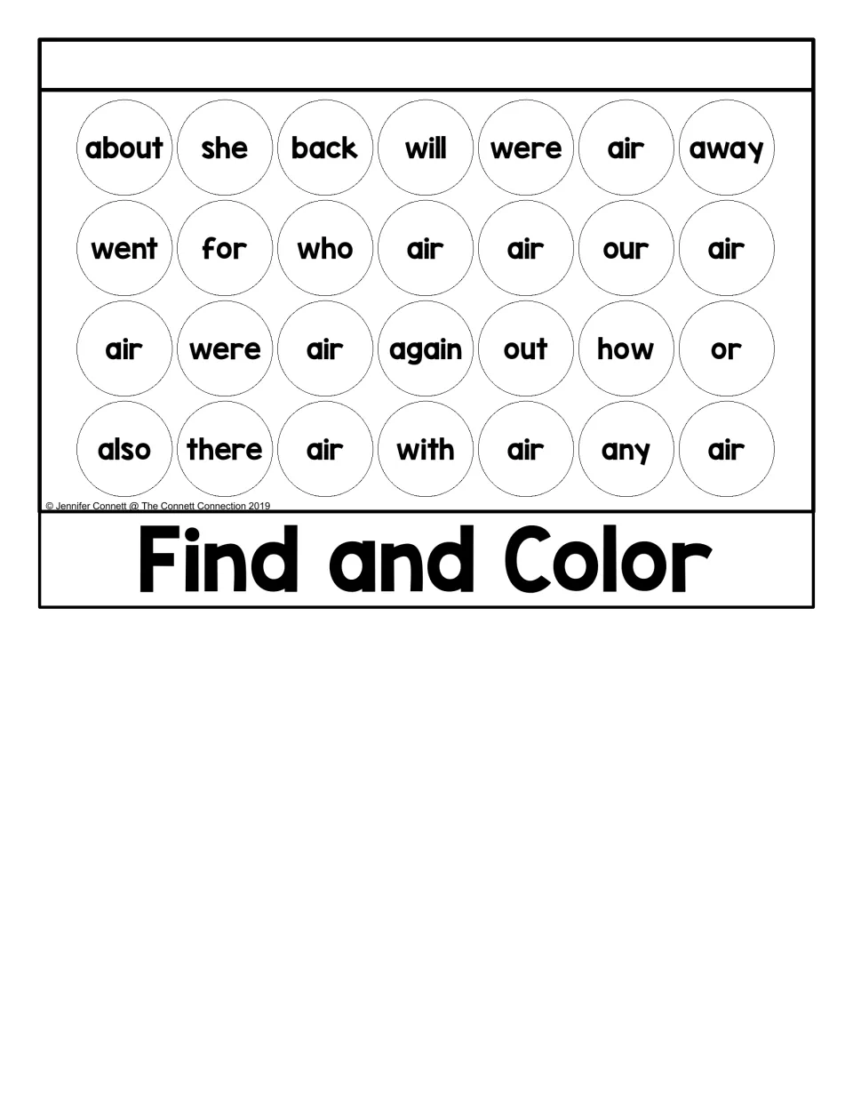 Find and Color activity in the air flip book asks students to find air among words such as about and she