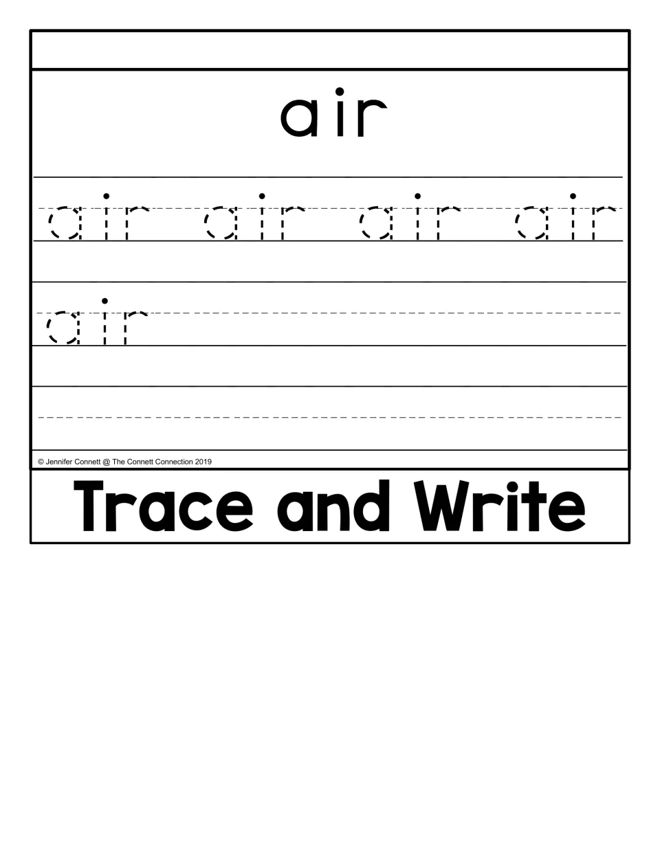 Trace and Write activity in the air flip book provides five traceable copies of air and space to write it
