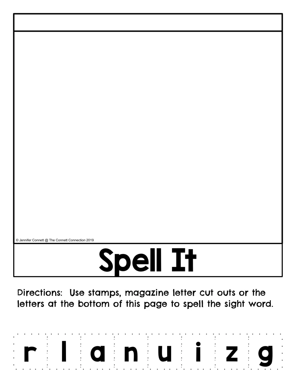 Spell It activity in the air flip book includes cut-out letters r, l, a, n, u, i, z, and g to build air