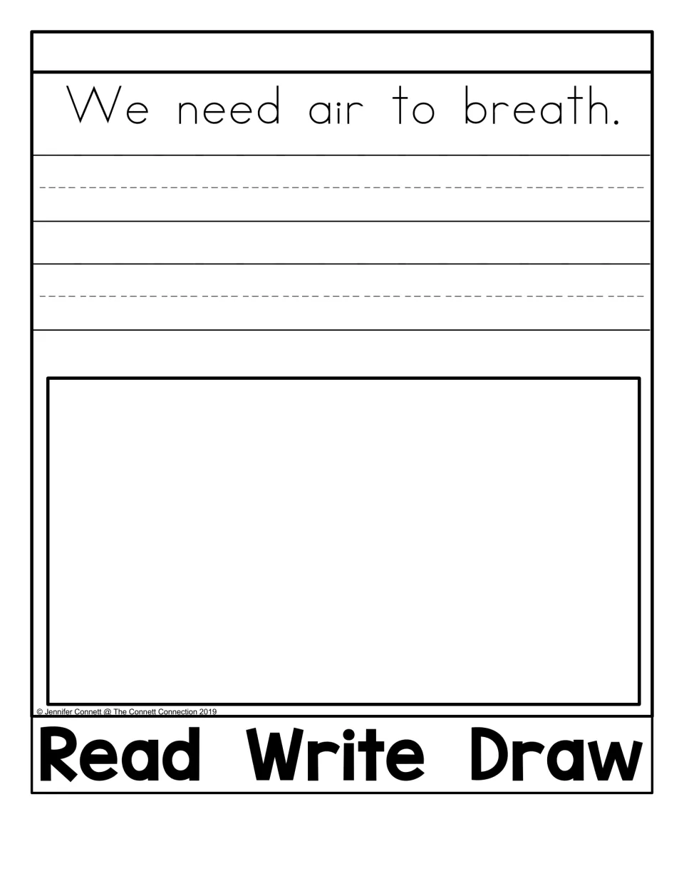 Read Write Draw activity in the air flip book uses the printed sentence “We need air to breath.”