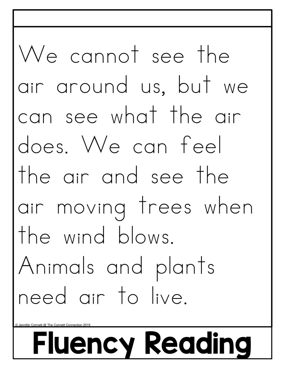 Fluency Reading passage in the air flip book describes feeling air, wind moving trees, and living things needing air