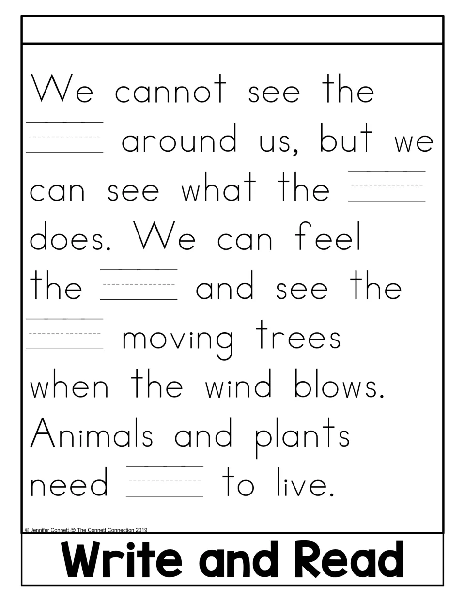 Write and Read alternate activity in the air flip book replaces five uses of air with blanks in the passage