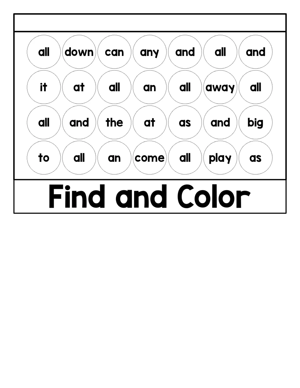 Find and Color activity in the flip book: identify eight copies of “all” among words such as down and can