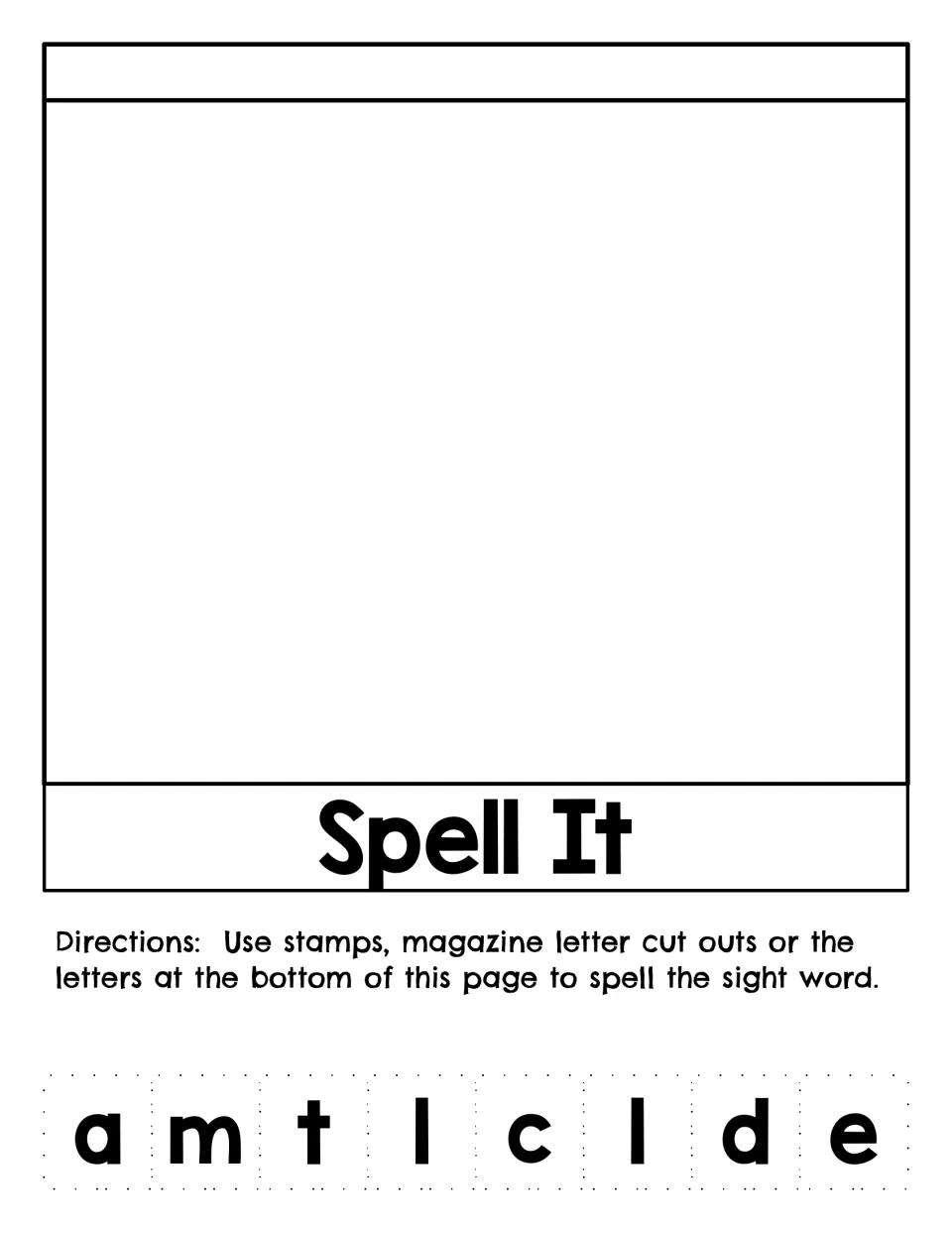 Spell It activity in the flip book: build “all” using stamps, magazine letters, or the provided cutout letters