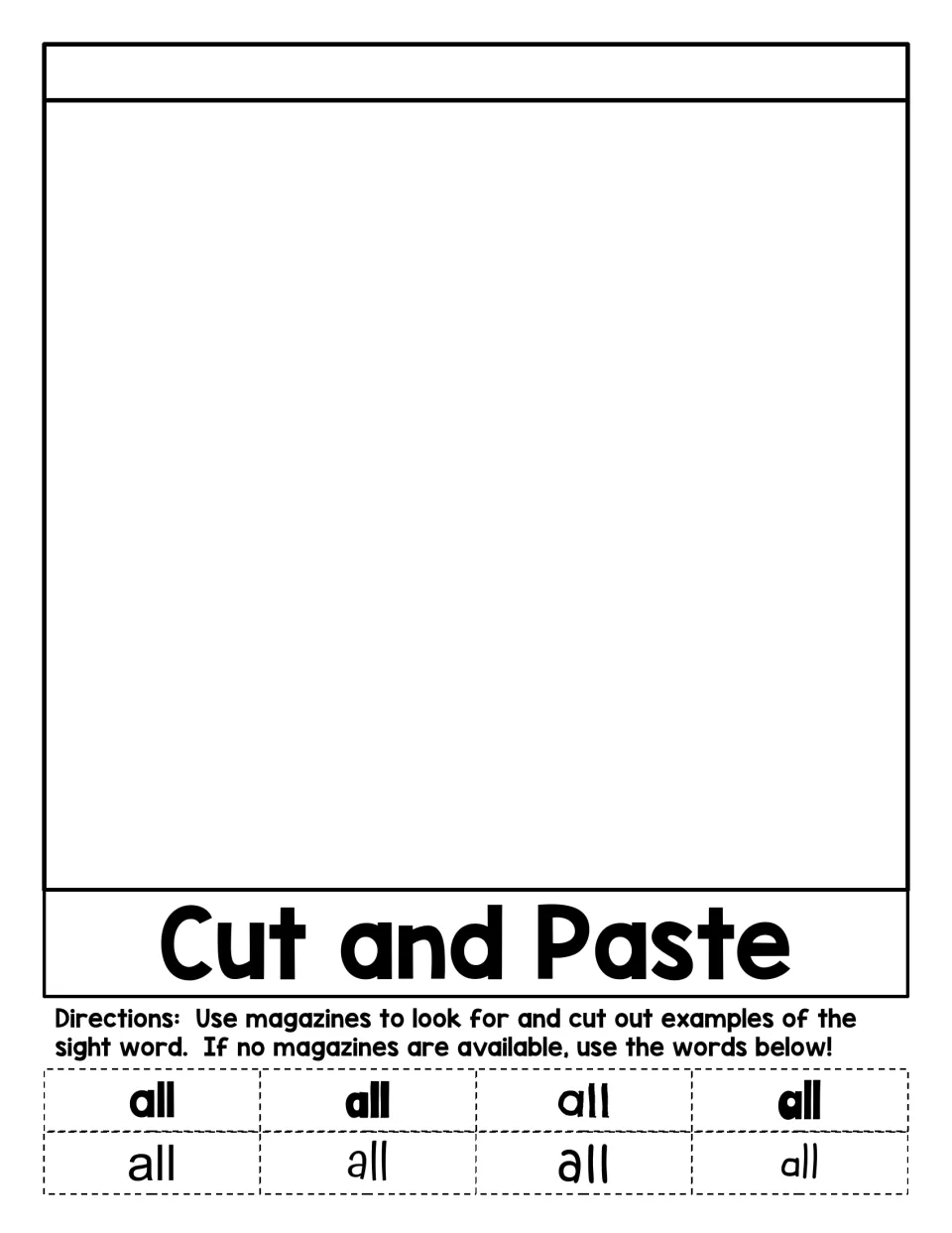 Cut and Paste activity in the flip book: collect “all” from magazines or use eight provided word cutouts