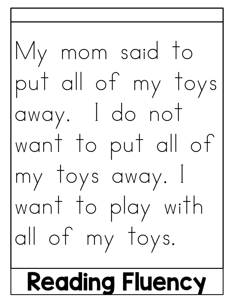 Reading Fluency passage in the flip book uses “all” three times in a story about putting toys away