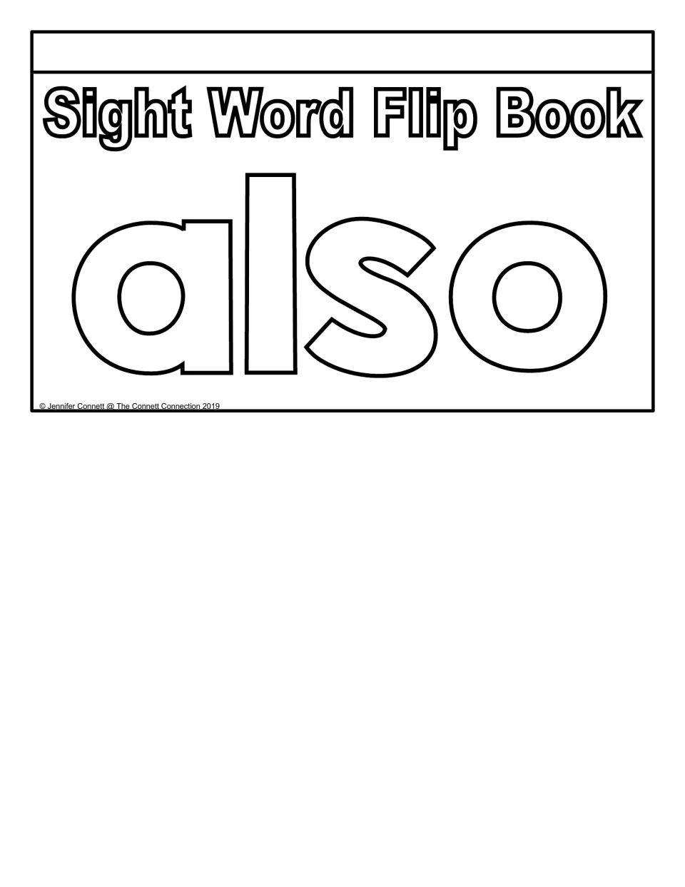 Sight word flip book cover featuring the word “also” in large outline letters for students to color