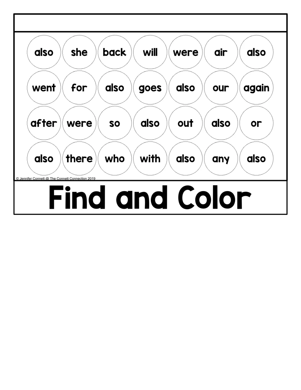 Find and Color activity for “also,” showing nine instances mixed among words such as “she” and “back”
