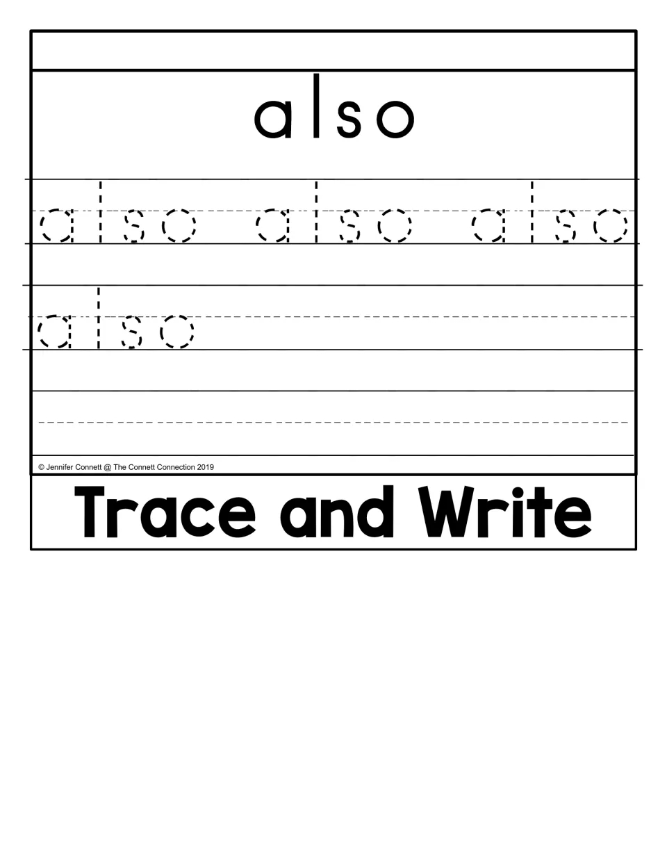 Trace and Write activity for “also,” featuring a word model, four tracing examples, and writing practice