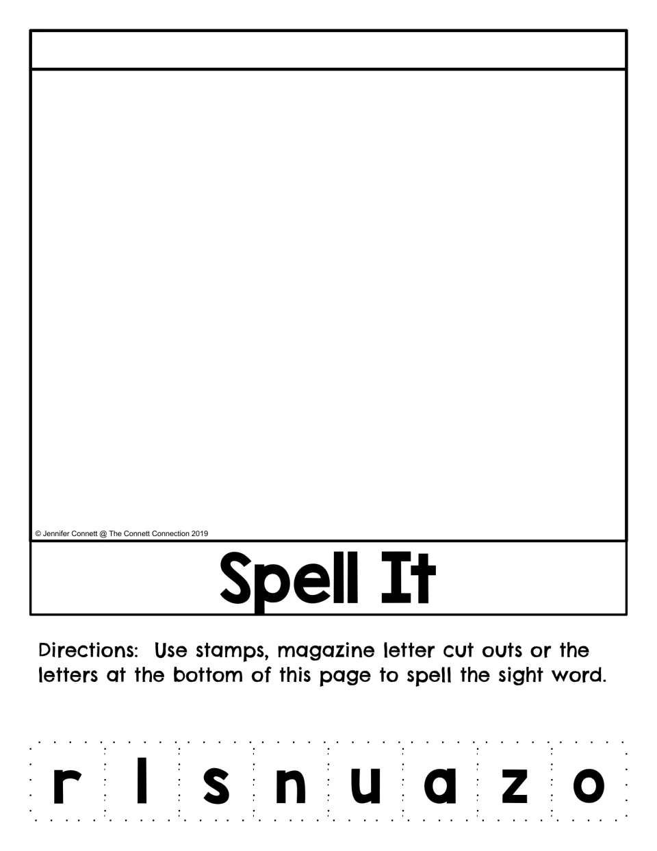 Spell It activity for “also,” with cutout letters r, l, s, n, u, a, z, o and directions for using stamps