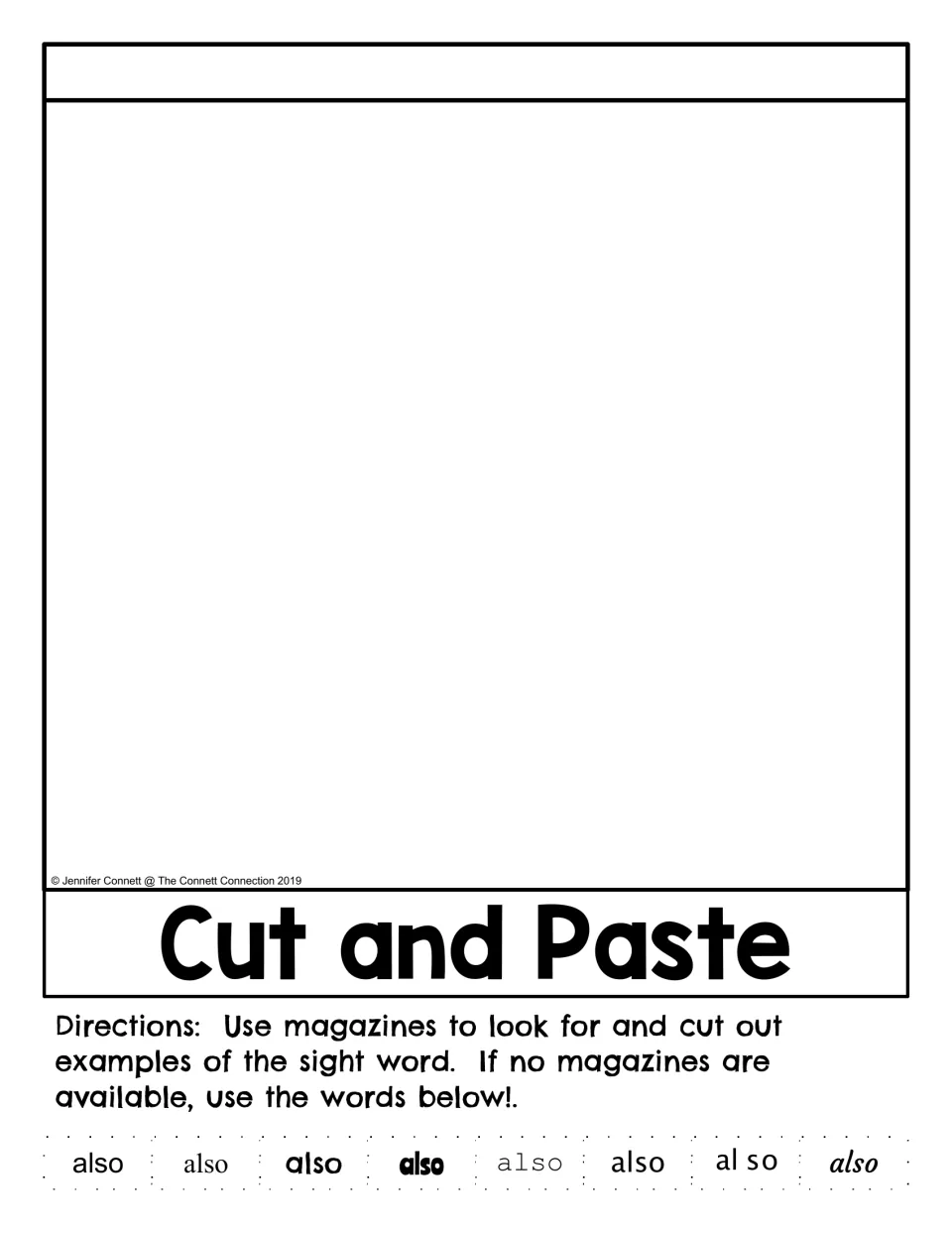 Cut and Paste activity for “also,” with eight word cutouts in varied fonts and a magazine word search task
