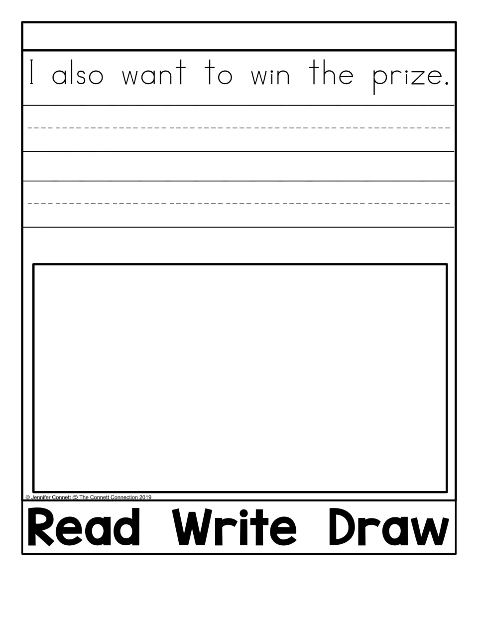 Read Write Draw activity using “I also want to win the prize.” for sentence copying and illustration