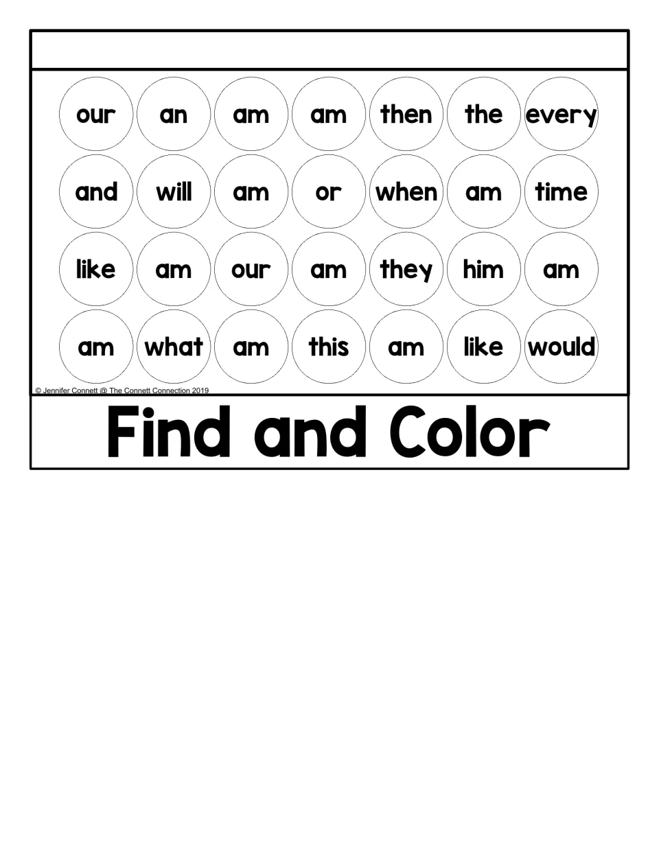 Find and Color activity for the “am” flip book, asking students to identify “am” among other sight words