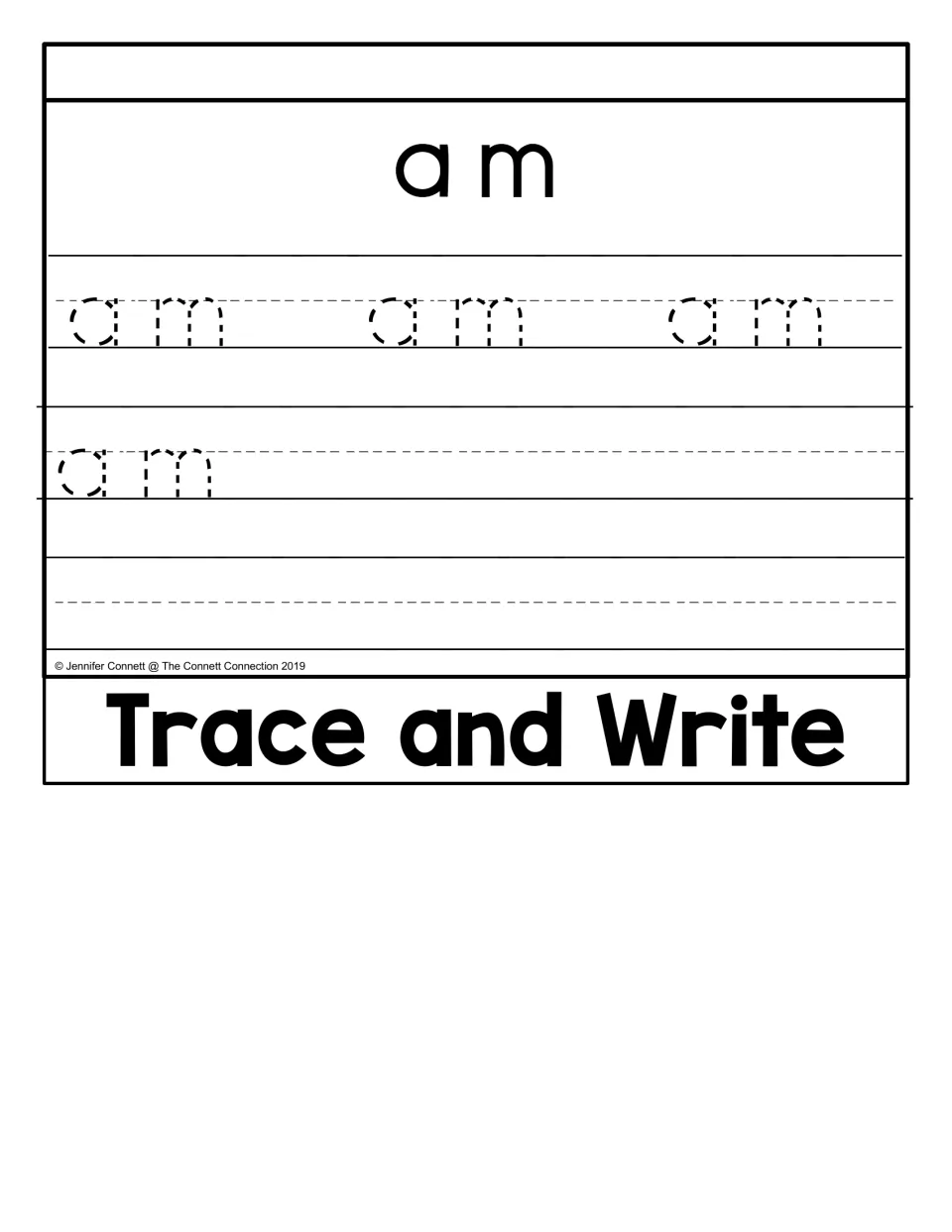 Trace and Write activity for the “am” flip book, featuring four traceable examples and space to write