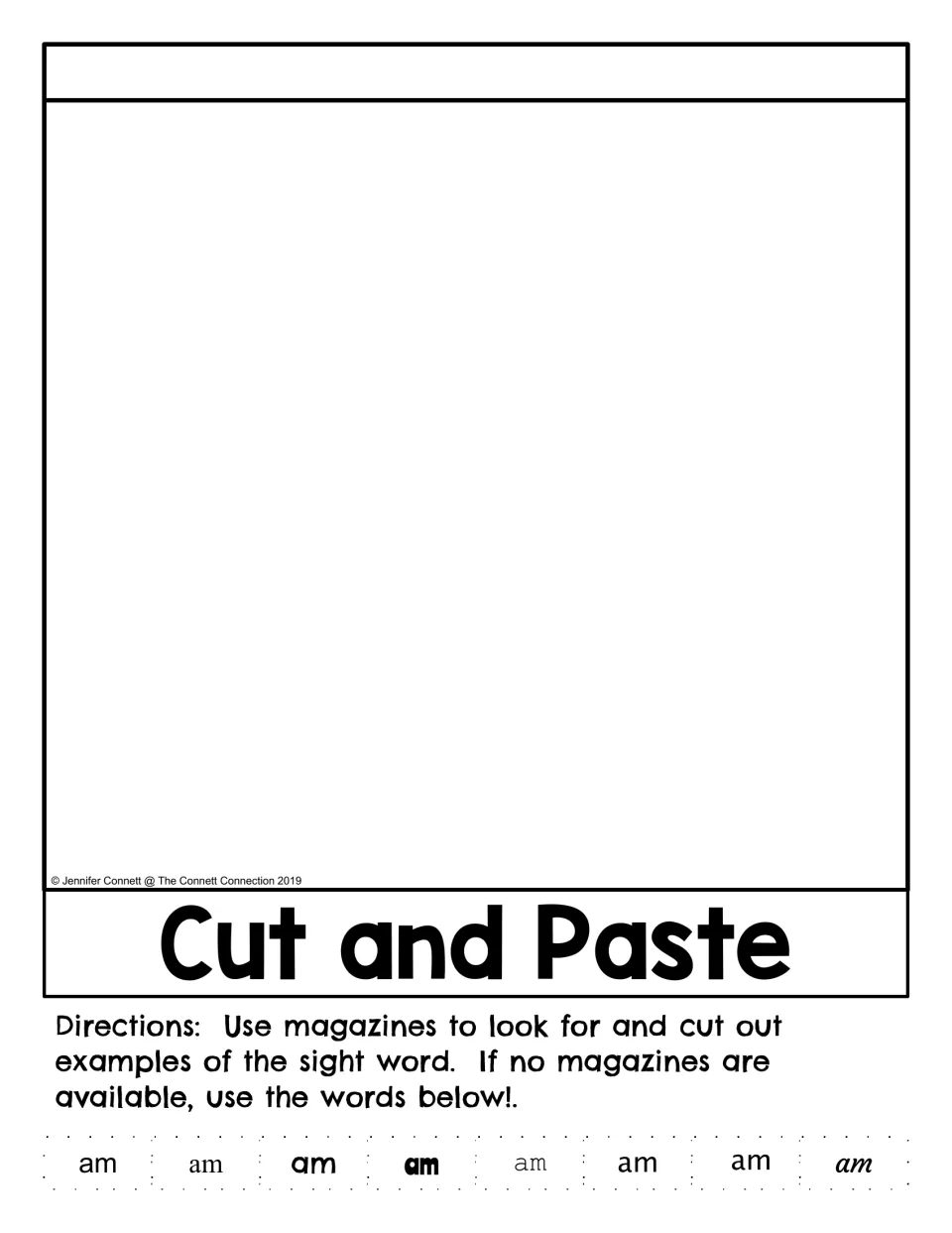 Cut and Paste activity for the “am” flip book, with eight “am” word cutouts in different lettering styles