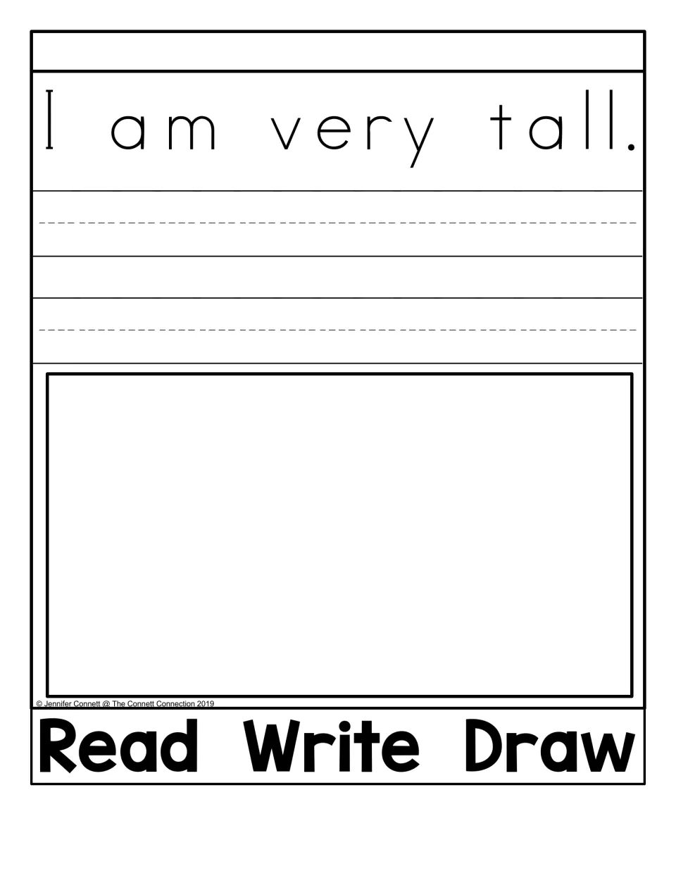 Read Write Draw activity for the “am” flip book, using “I am very tall.” for copying and illustrating