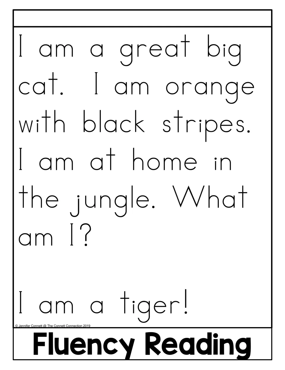 Fluency Reading passage for the “am” flip book describes an orange cat with black stripes: “I am a tiger!”