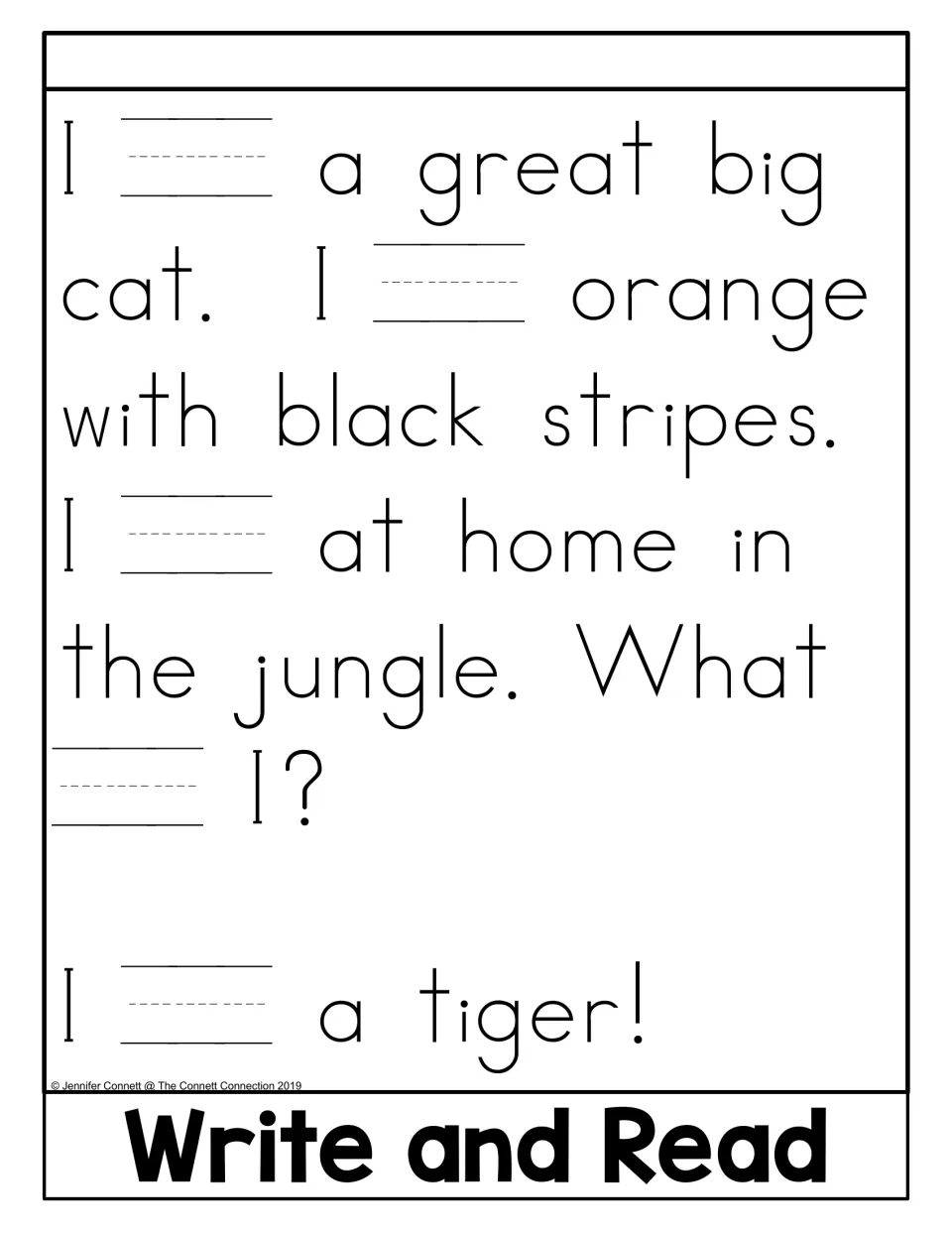 Write and Read alternative for the “am” flip book repeats the tiger passage with five blanks to write “am”