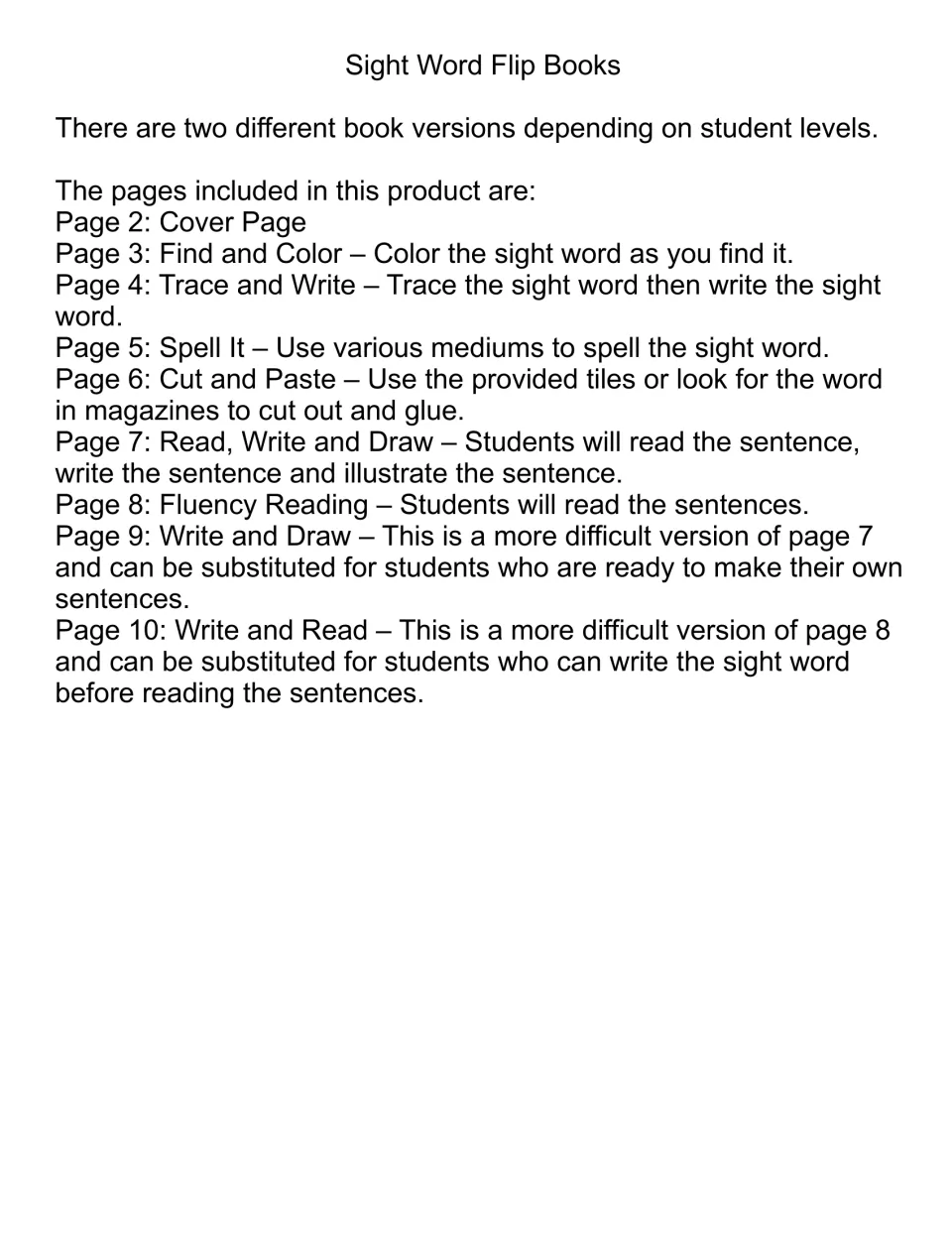 Flip book guide for “away” lists the cover, six activities, and two alternate pages for different levels.